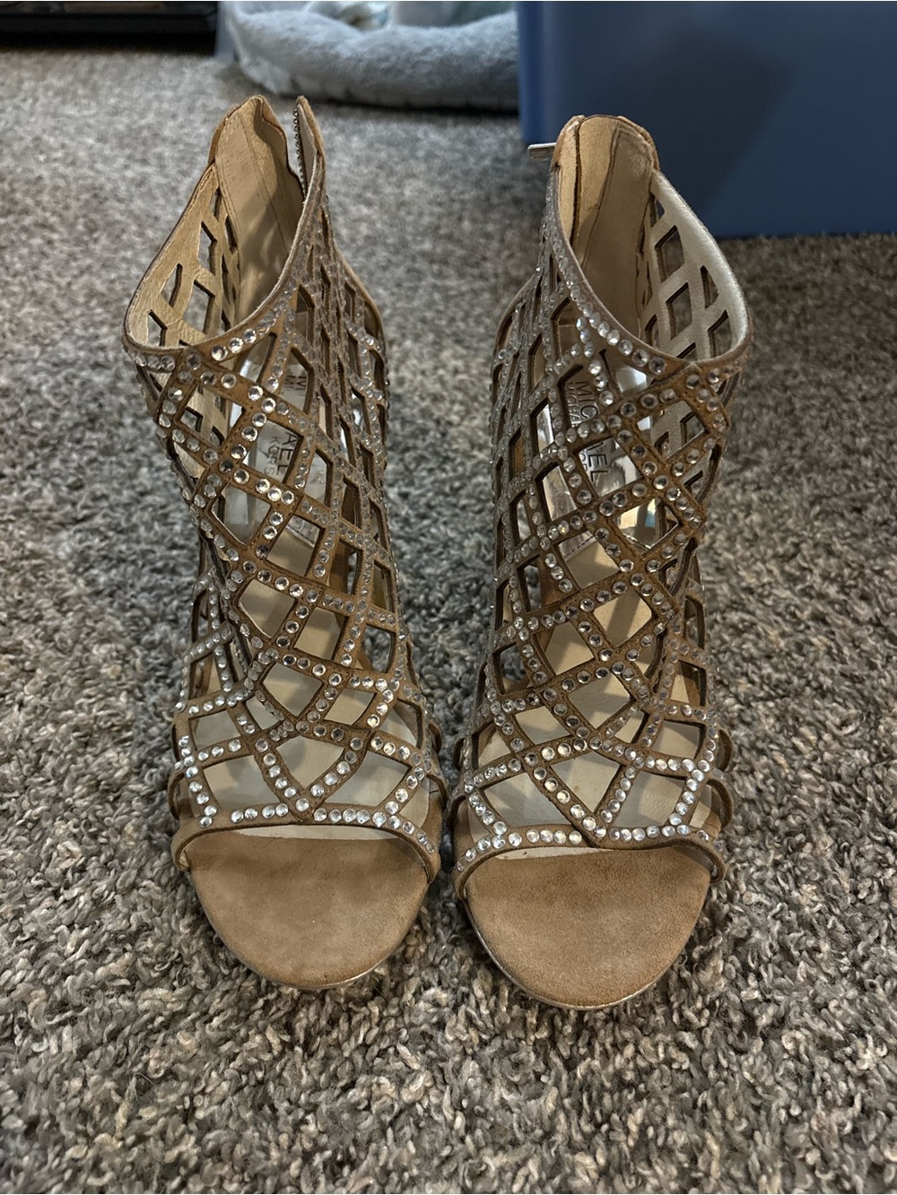 Embellished Lattice Peep-Toe Heels in Tan